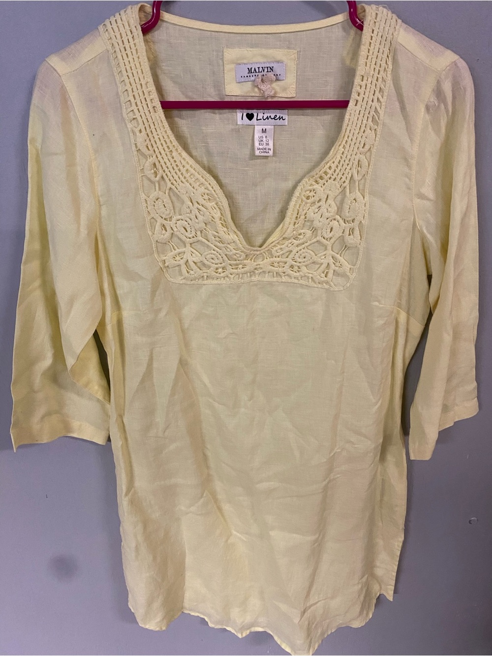 Malvin pullover 100% Linen Yellow Crochet-Trim V-Neck Women's Top